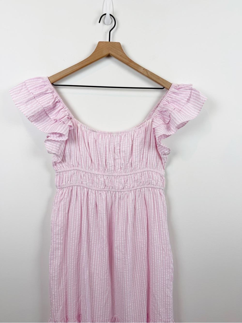Altar’d State Pink and White Seersucker Ruffle Sleeve Tiered Maxi Summer Dress - Picture 5 of 10